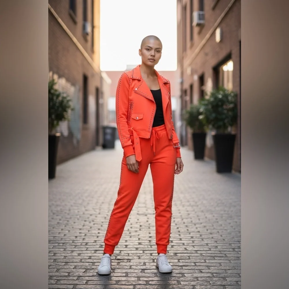 Women's Orange Studded Moto Jogger Set